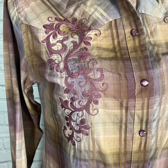 Brooks and Dunn collection western long sleeve Large pearl snap buttons plum - Picture 3 of 7